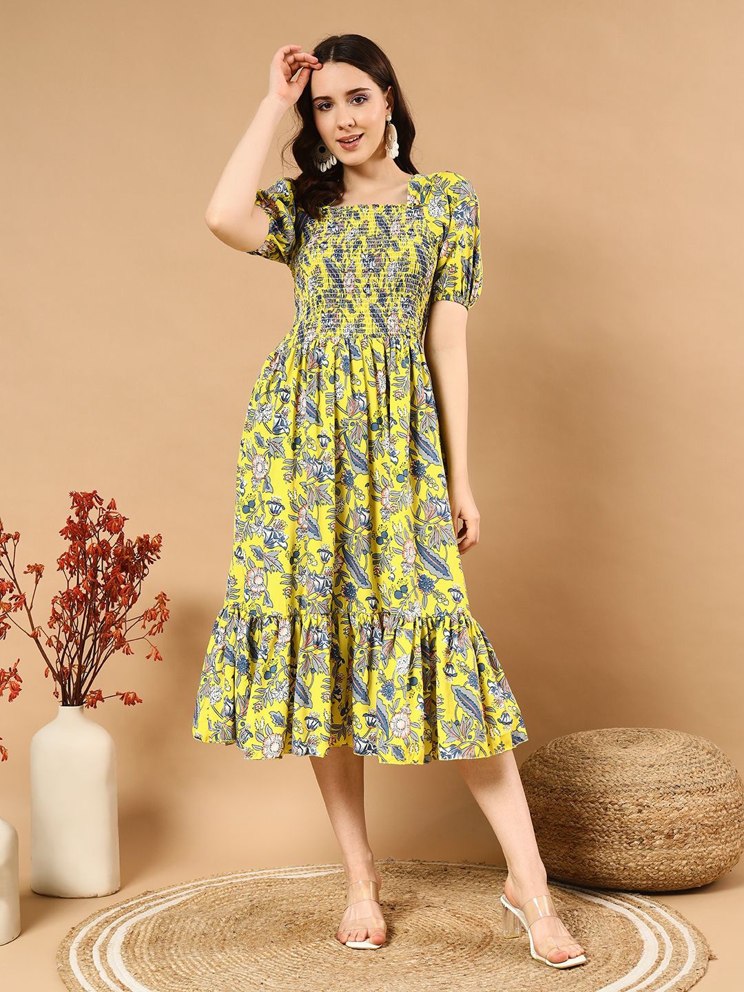 

DEKLOOK Floral Printed Puff Sleeve Smocked Fit & Flare Midi Dress, Yellow