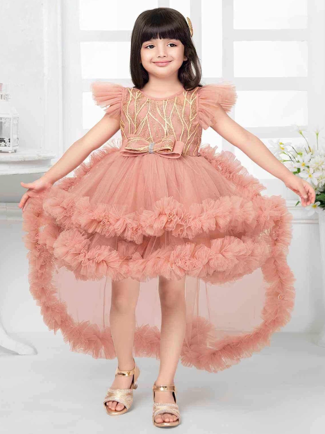 

Lagorii Girls Ruffled Net Fit and Flare Dress, Peach