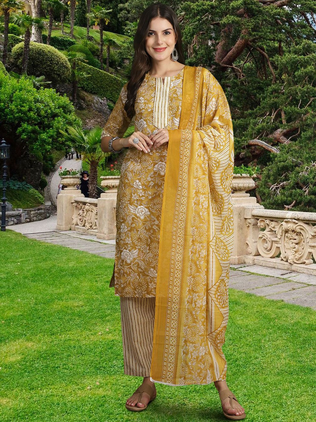 

1 Stop Fashion Floral Printed Regular Pure Cotton Kurta with Trousers & Dupatta, Mustard