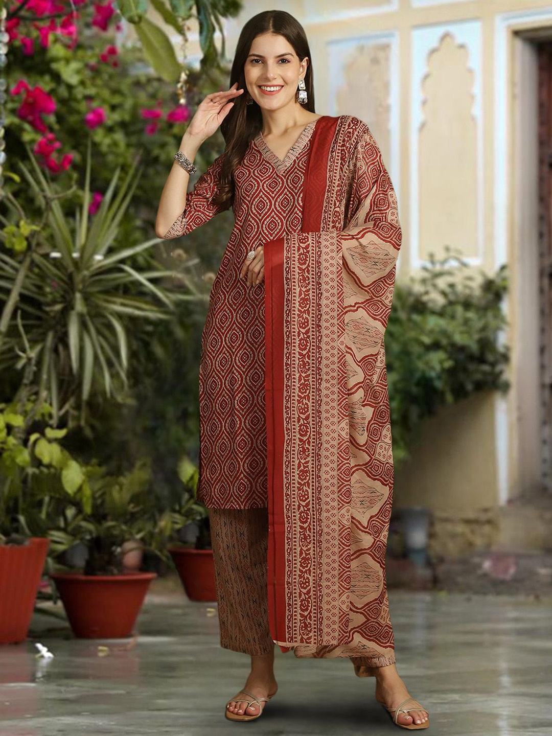 

7Threads Ethnic Motifs Printed Pure Cotton Straight Kurta With Trousers & Dupatta, Maroon