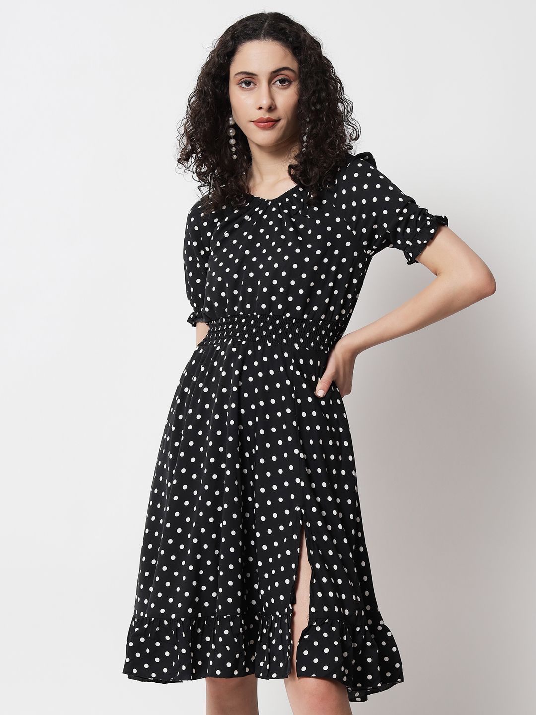 

Yaadleen Polka Dot Printed Fit & Flare Dress, Black