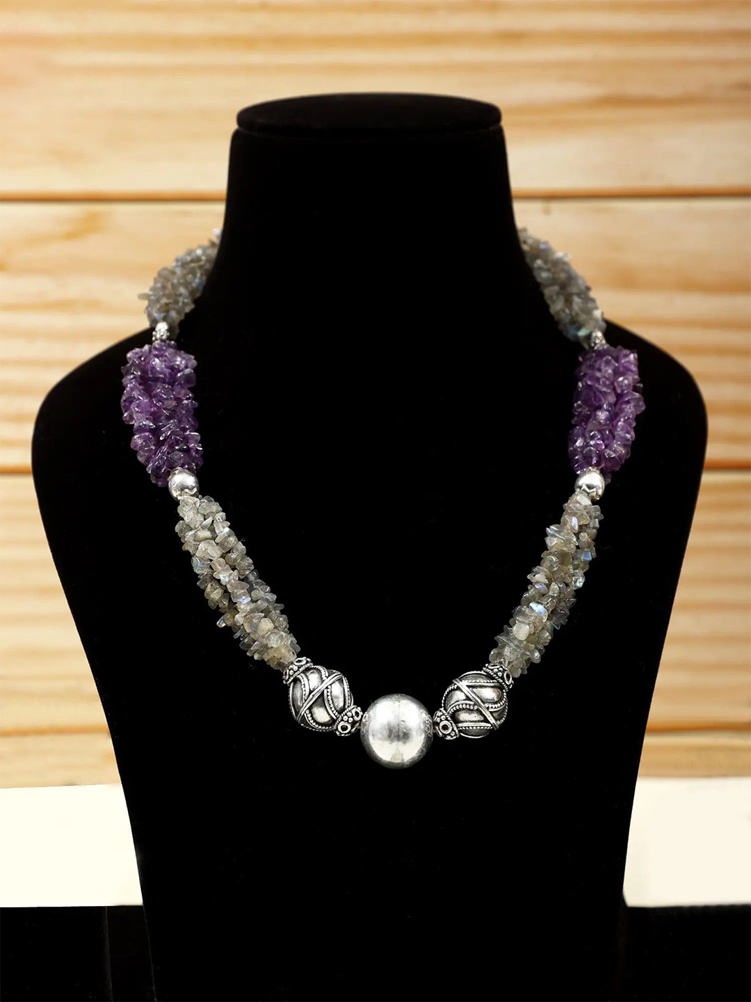 

Exotic India Labradorite and Amethyst Gemstone Sterling Silver Chips Necklace, Steel