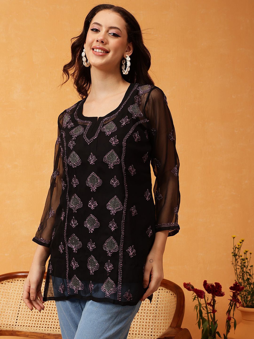 

ADA Ethnic Motifs Embroidered Thread Work Thread Work Kurti, Black