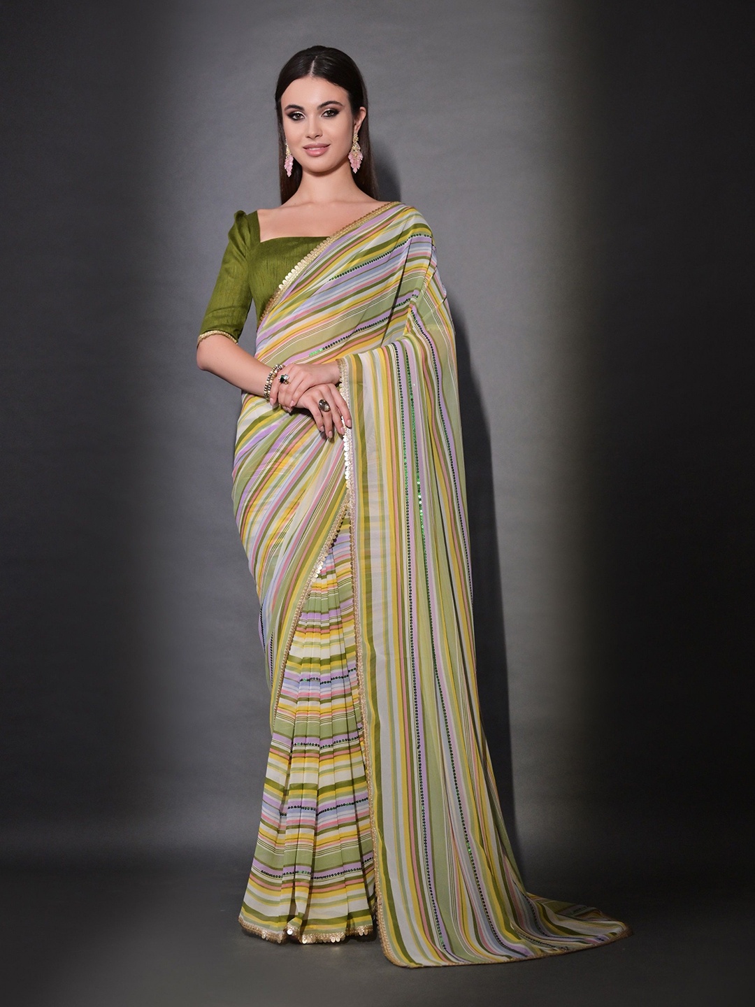 

QVAZOR Striped Sequinned Pure Georgette Saree With Blouse Piece, Green