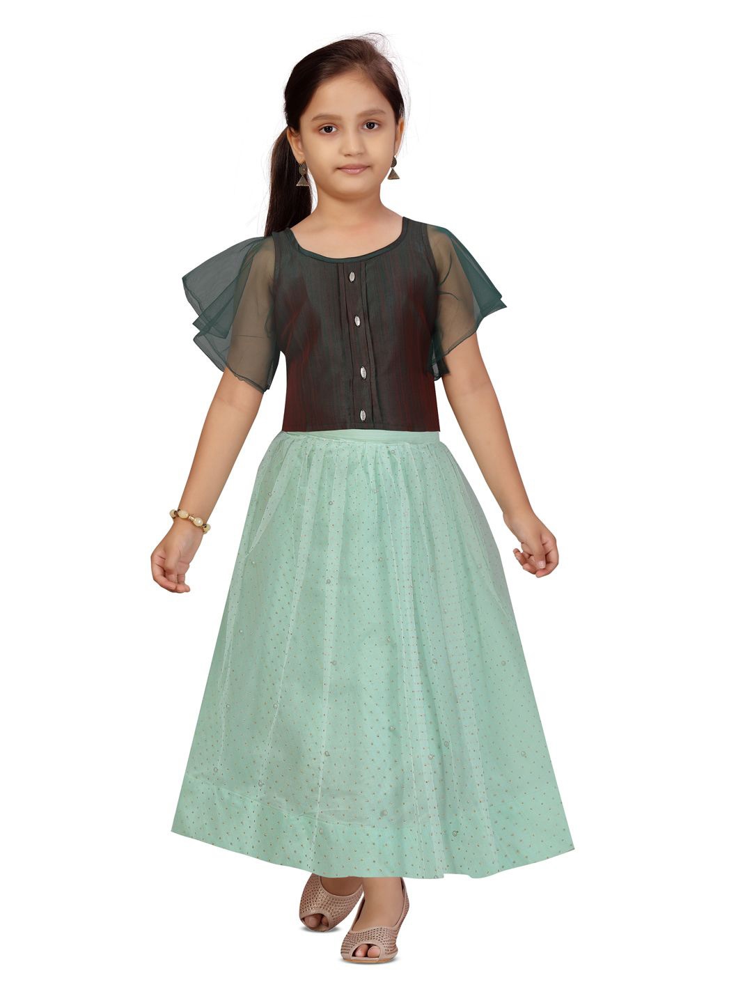 

BAESD Girls Round Neck Beads and Stones Net Ready to Wear Lehenga Choli, Green
