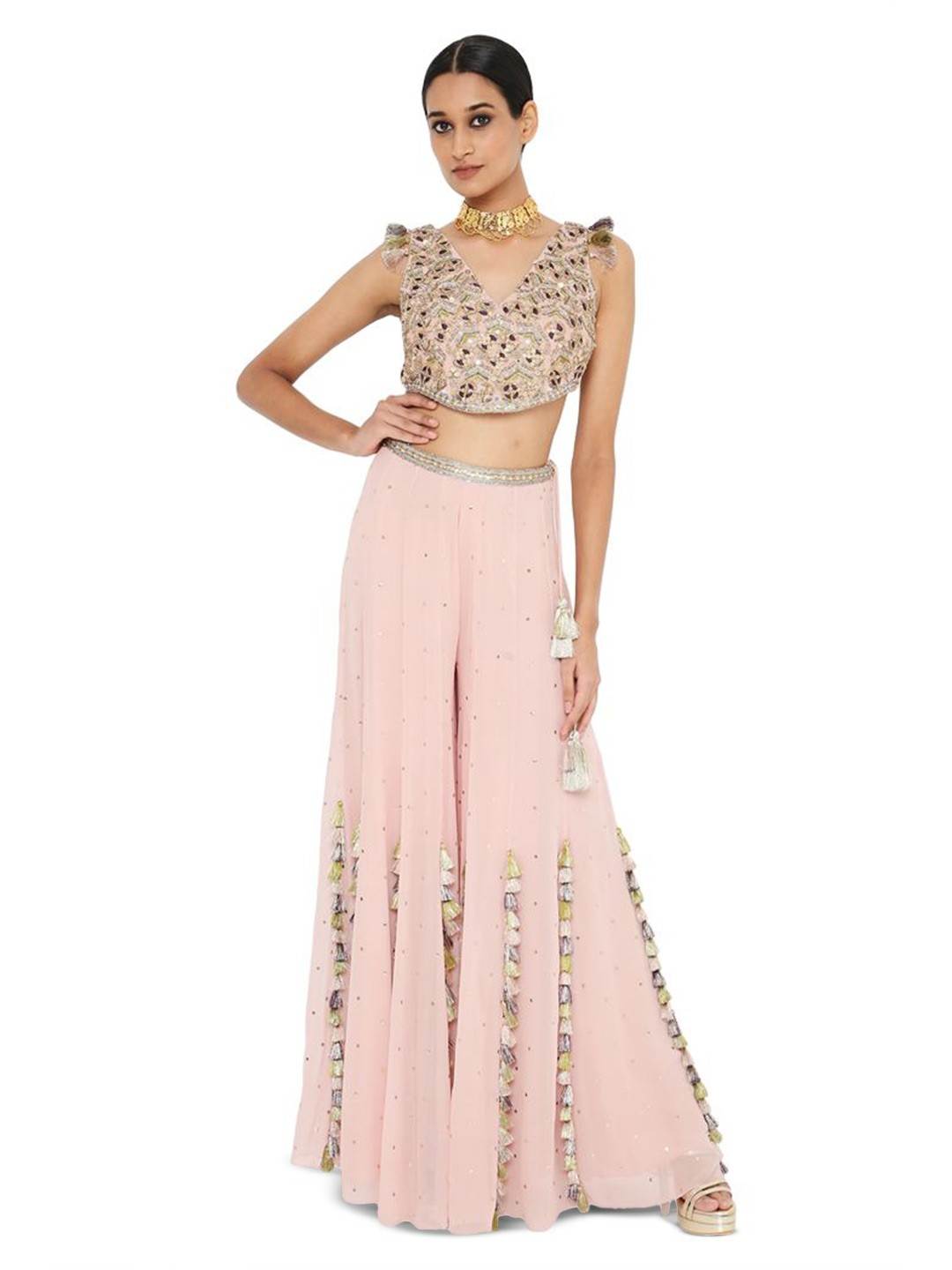 

Payal Singhal Embroidered V Neck Top & Flared Sharara Co-Ords, Pink