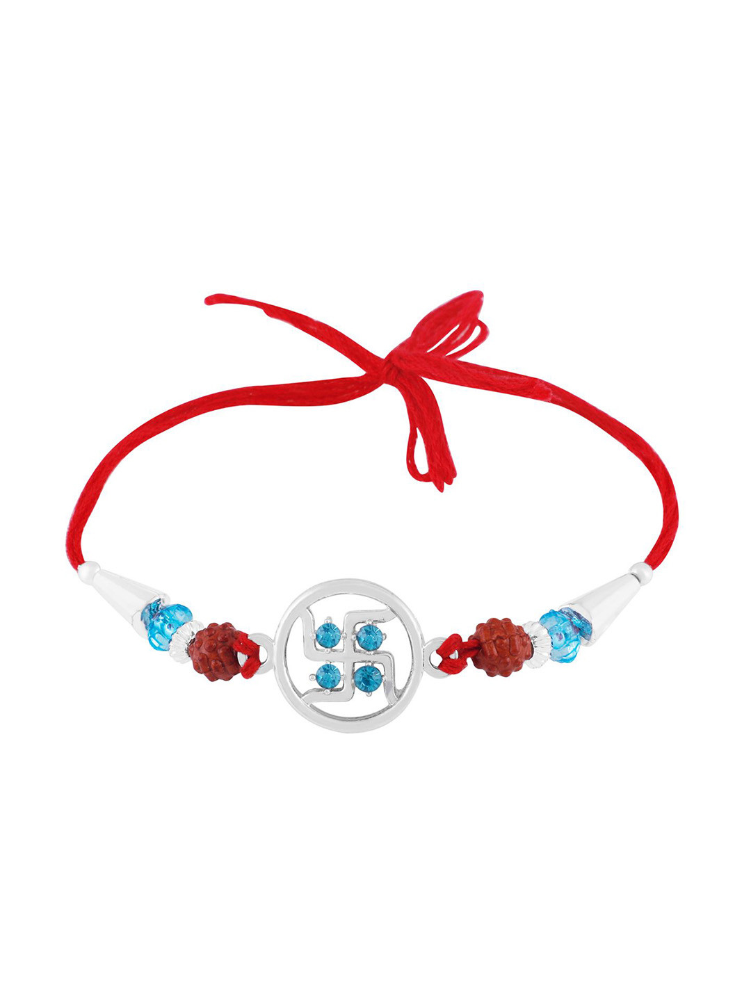 

Okos Rhodium Plated Rudraksh and Stones Studded Religious Swastika Thread Rakhi, Silver