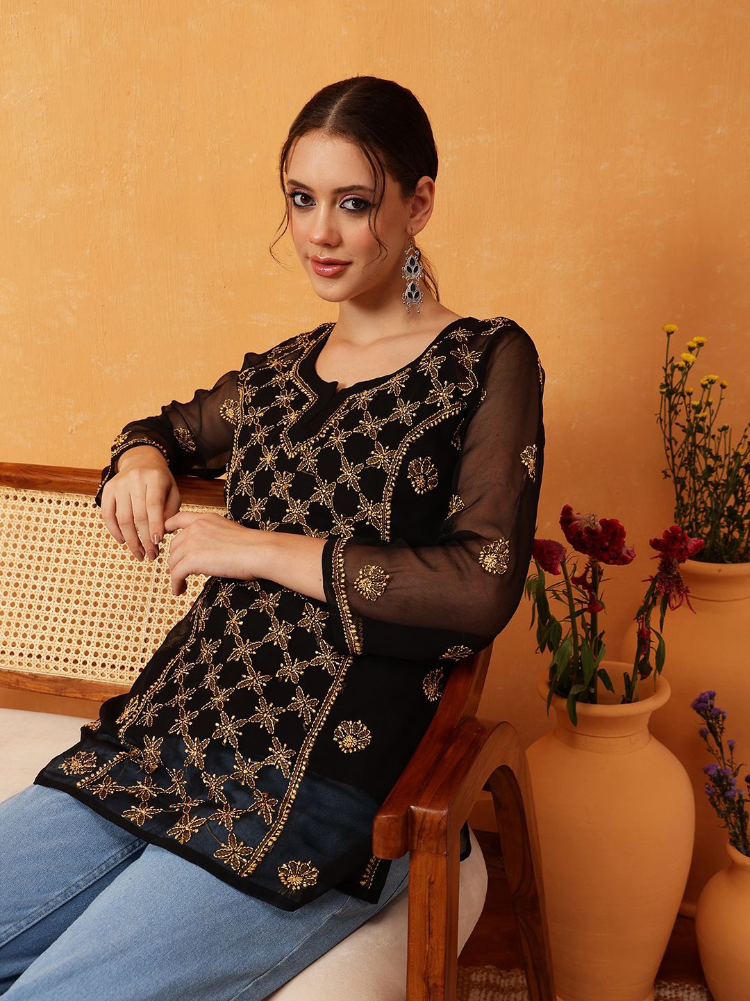 

ADA Ethnic Motifs Embroidered Thread Work Thread Work Kurti, Black