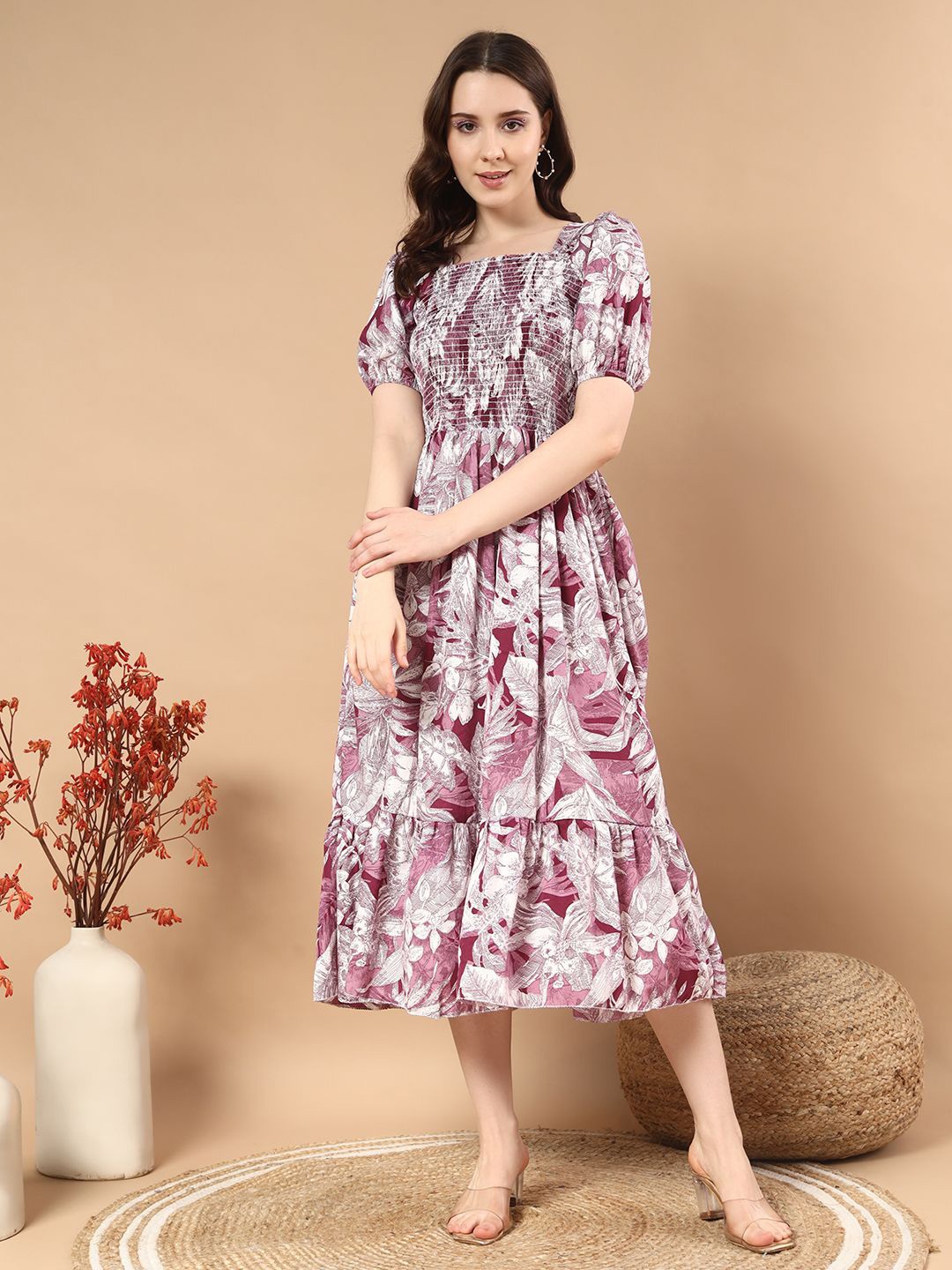 

DEKLOOK Floral Print Crepe A-Line Midi Dress, Purple