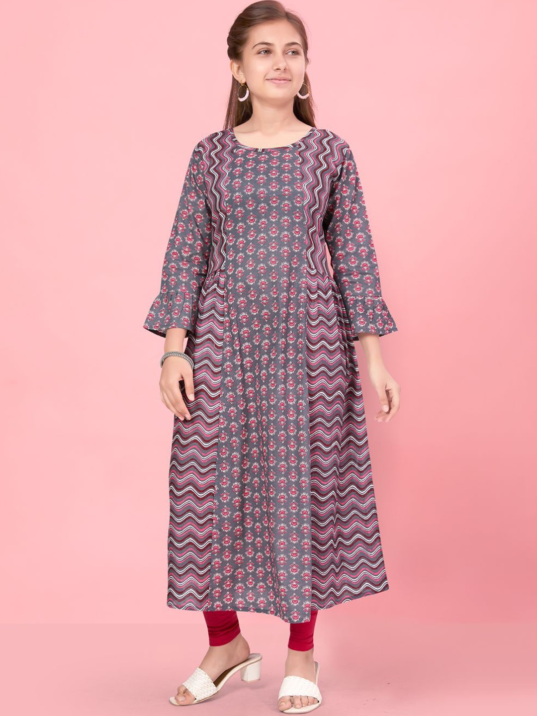 

BAESD Girls Floral Printed A-Line Kurta, Grey