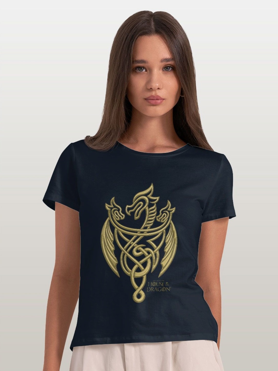 

macmerise Women Printed Pockets T-shirt, Navy blue