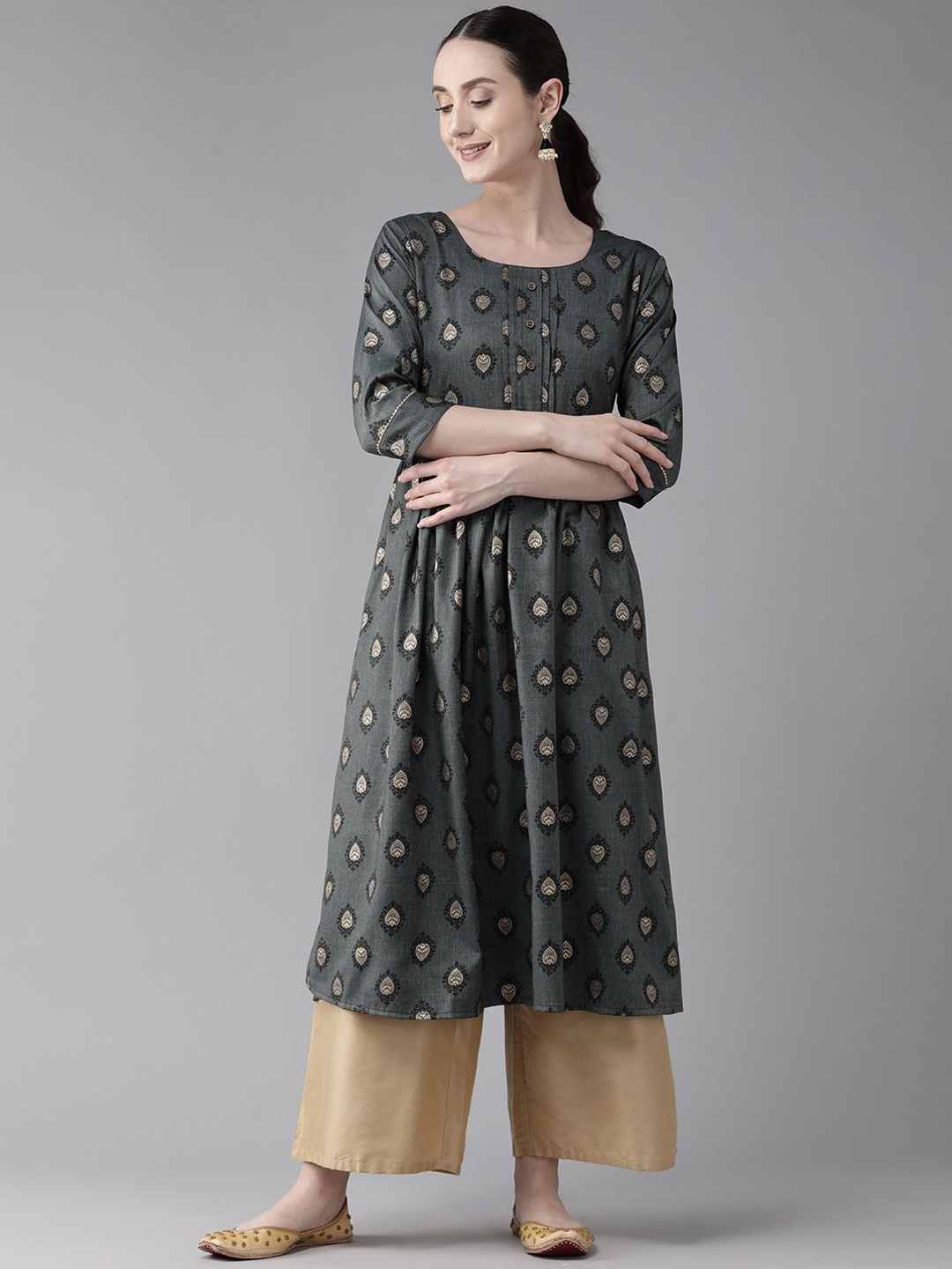 

BAESD Ethnic Motifs Printed Anarkali Cotton Kurta, Grey