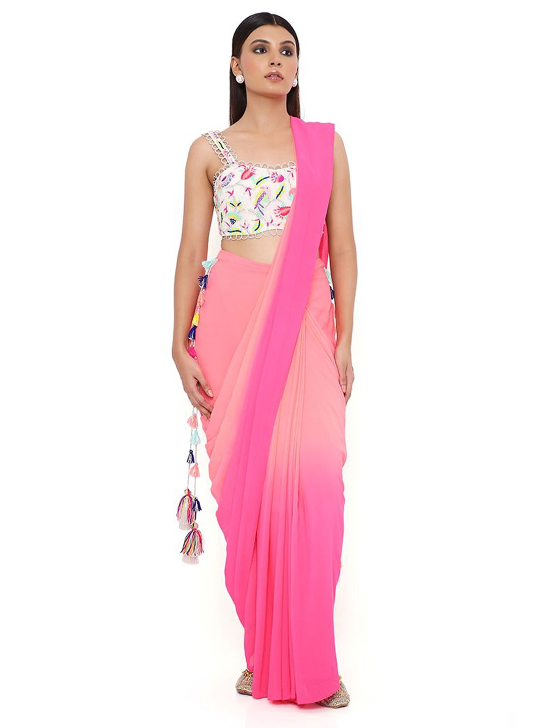 

Payal Singhal gette Embroidered Bustier With Georgette Pre-Stiched Saree, Coral