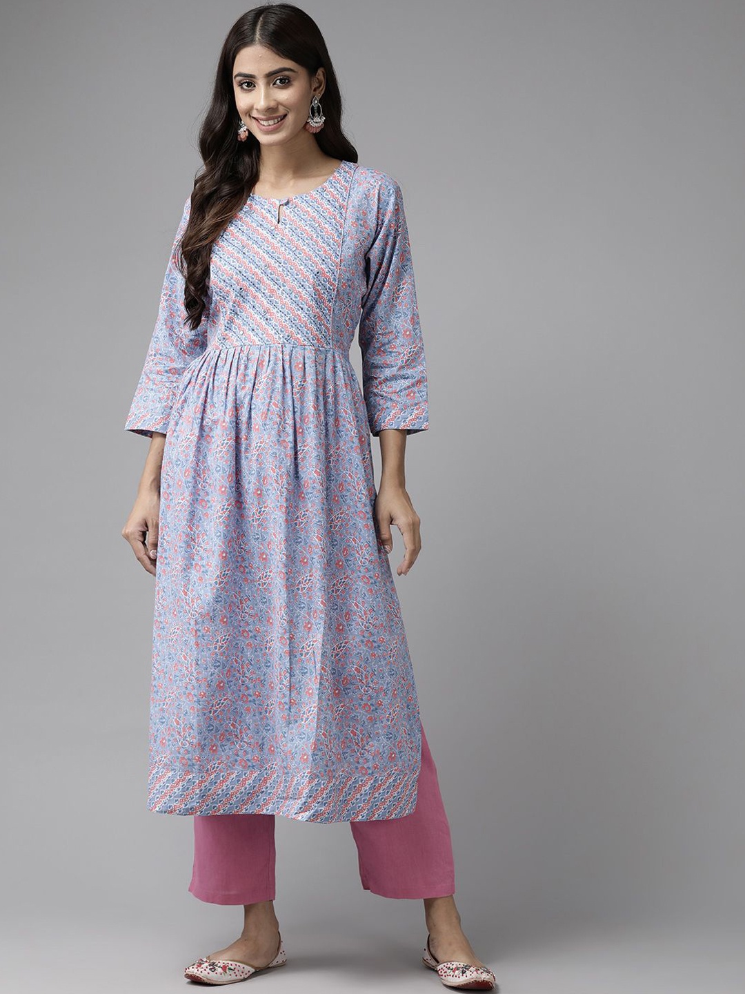 

BAESD Floral Printed Sequinned Cotton Pleated A-Line Kurta, Blue