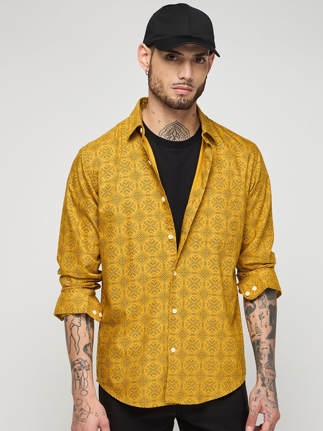 

Red Flame Men Slim Fit Opaque Printed Casual Shirt, Yellow