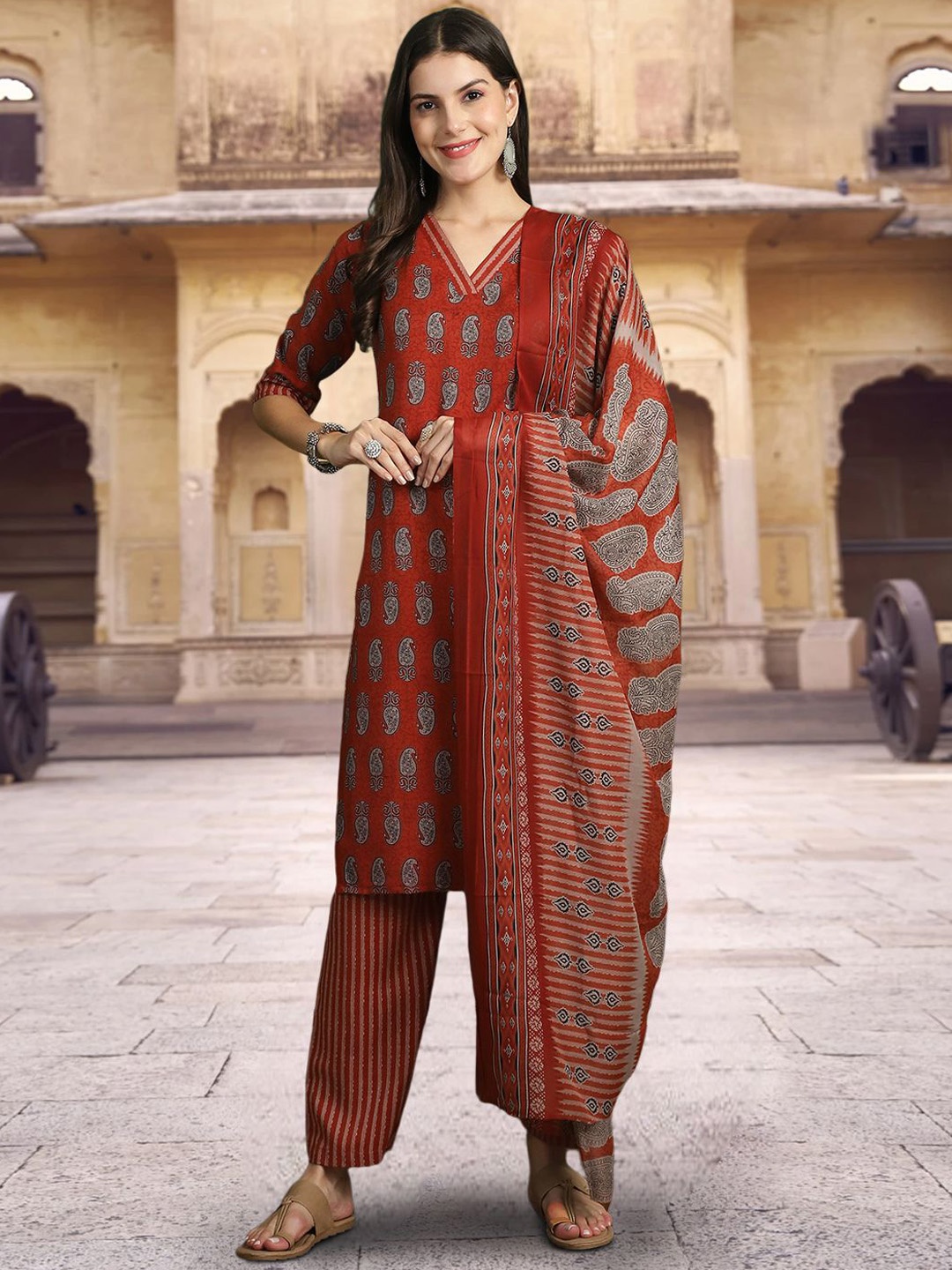 

7Threads Floral Printed Pure Cotton Kurta with Trousers & Dupatta, Red