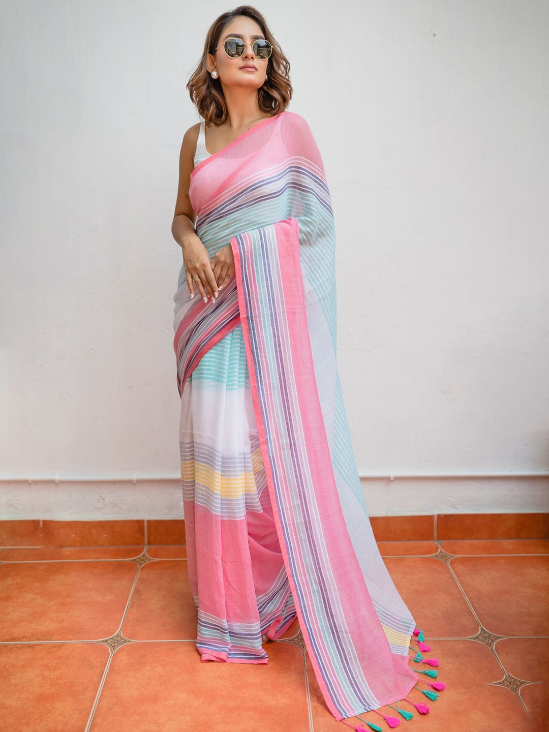 

RODDUR Striped Pure Cotton Saree, Blue