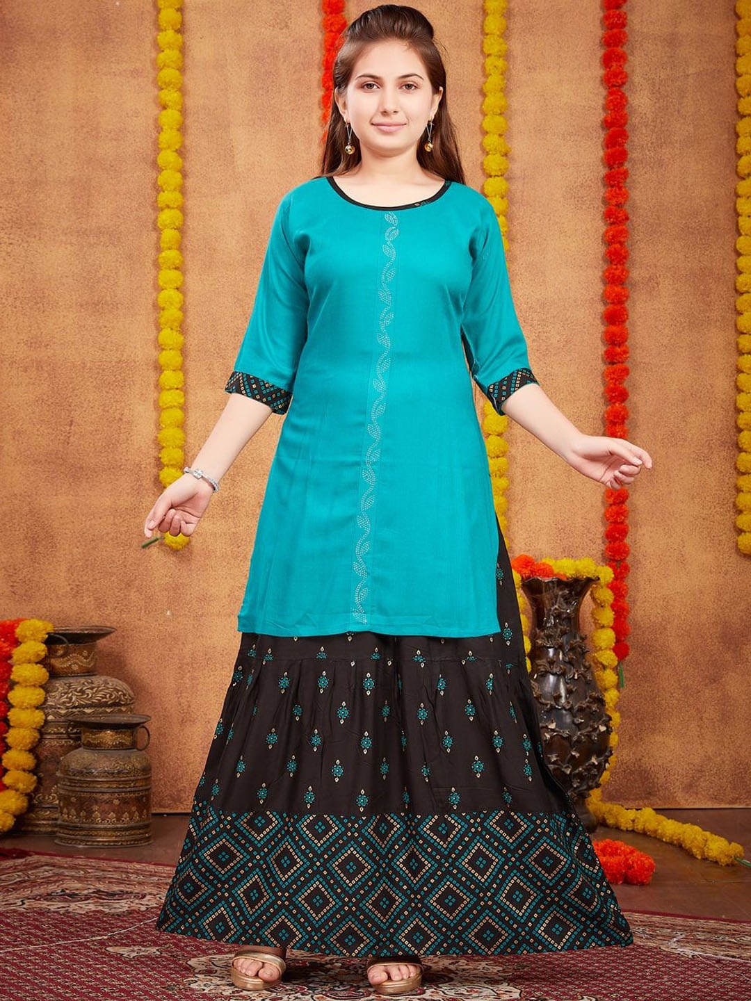 

BAESD Girls Straight Kurti With Skirt, Turquoise blue