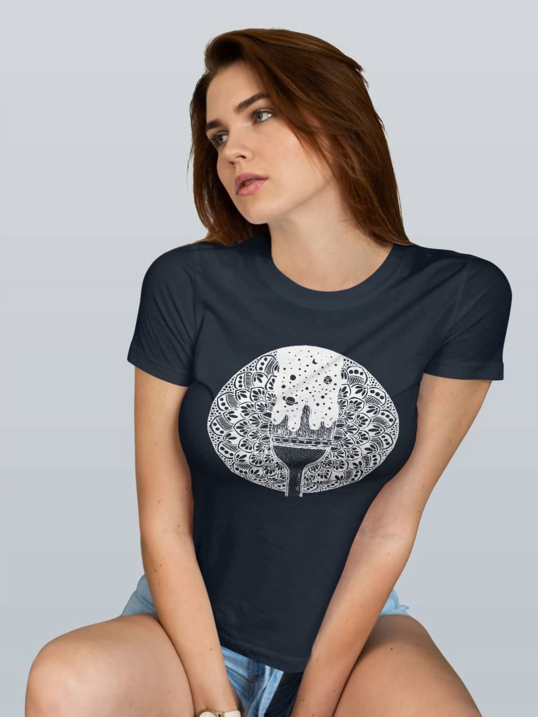 

macmerise Women Printed Extended Sleeves Pockets T-shirt, Navy blue