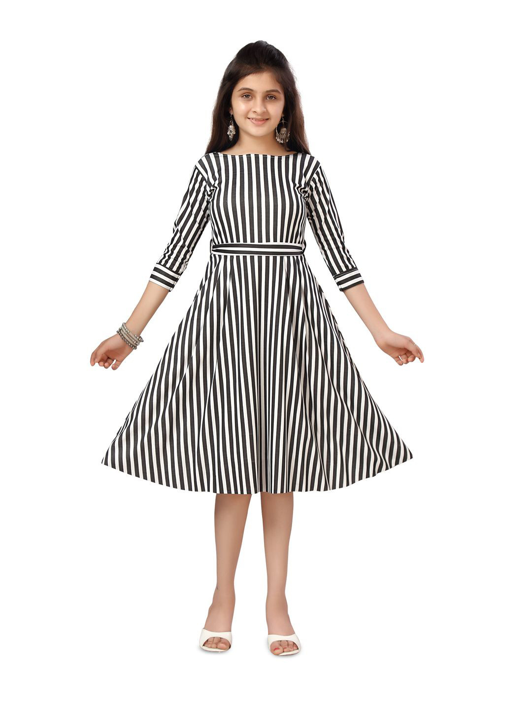 

BAESD Girls Striped Boat Neck Belted Cotton Fit & Flare Dress, Black