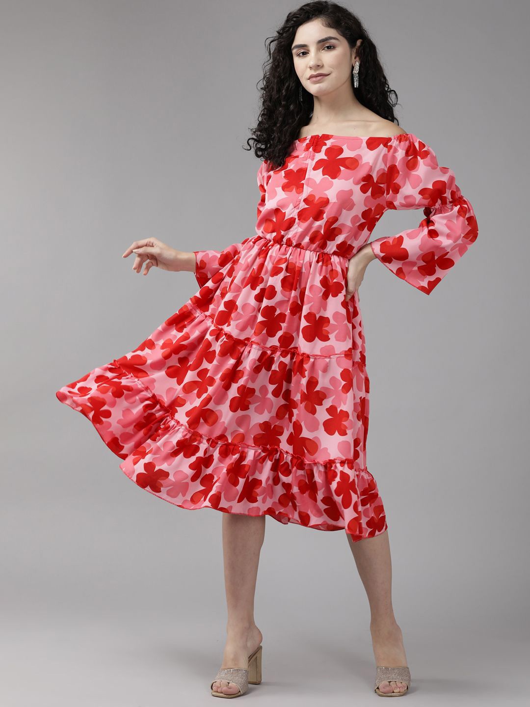 

BAESD Floral Printed Puff Sleeve Georgette Fit & Flare Midi Dress, Red