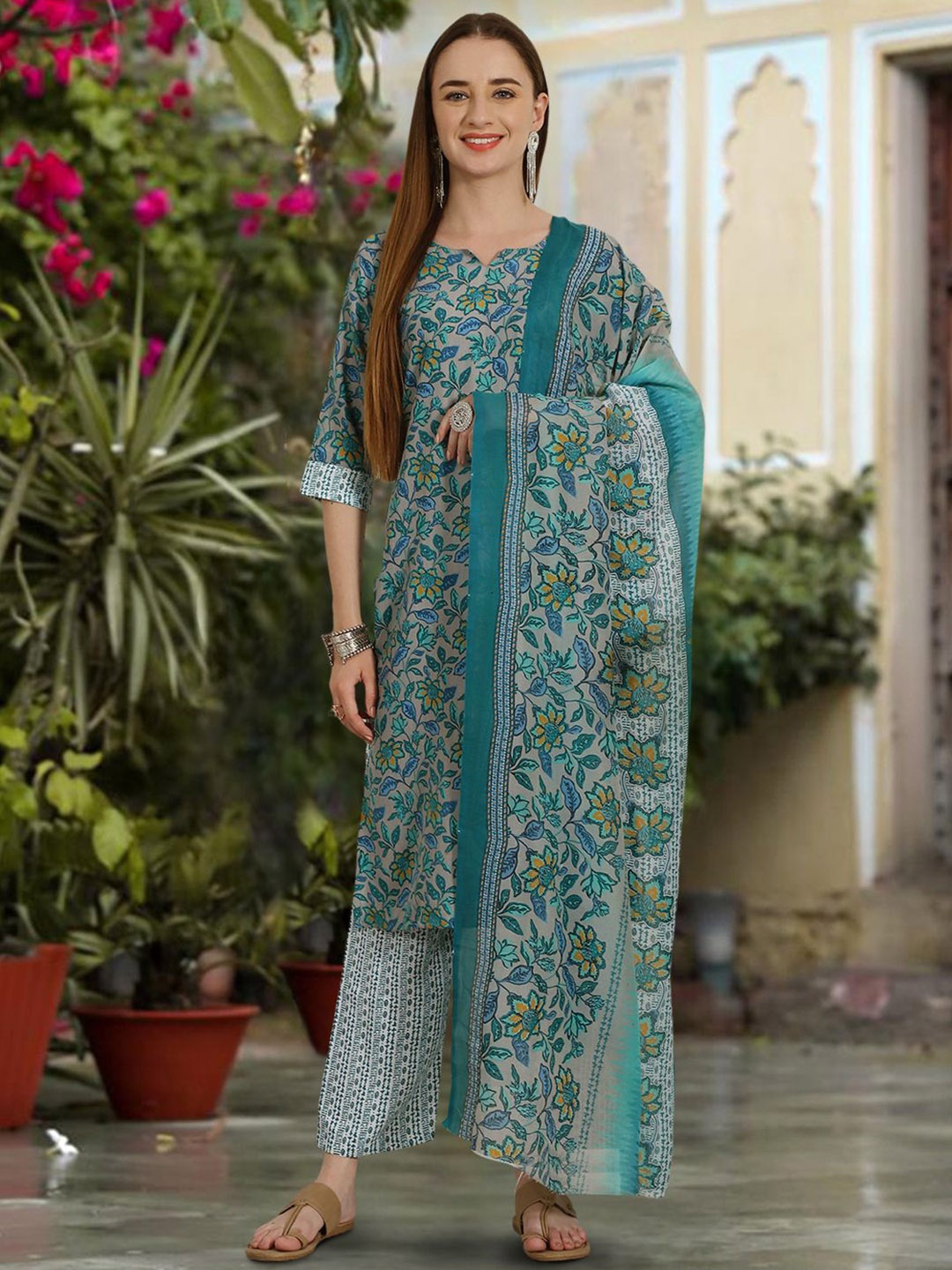 

1 Stop Fashion Floral Printed Straight Pure Cotton Kurta with Trousers & Dupatta, Grey melange