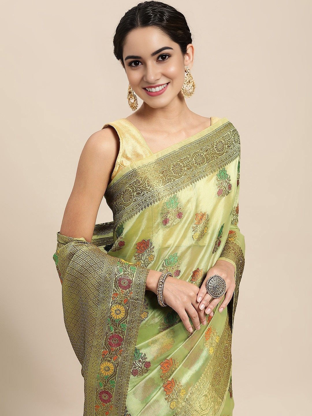 

Mitera Ethnic Motifs Zari Organza Kanjeevaram Saree, Green