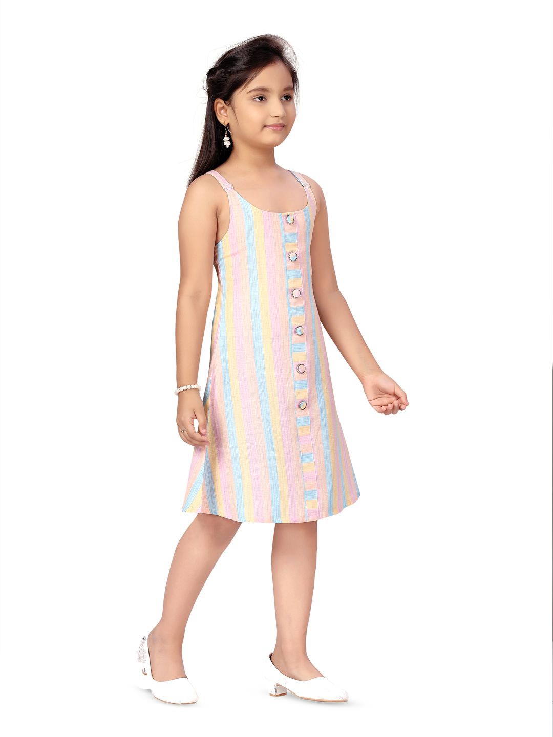 

BAESD Girls Striped Button Detail Cotton A-Line Dress, Pink