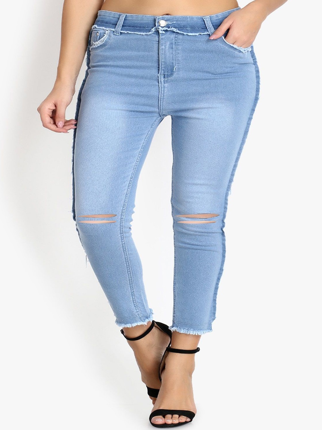 

Perfect Outlet Women High-Rise Slash Knee Light Fade Stretchable Jeans, Blue