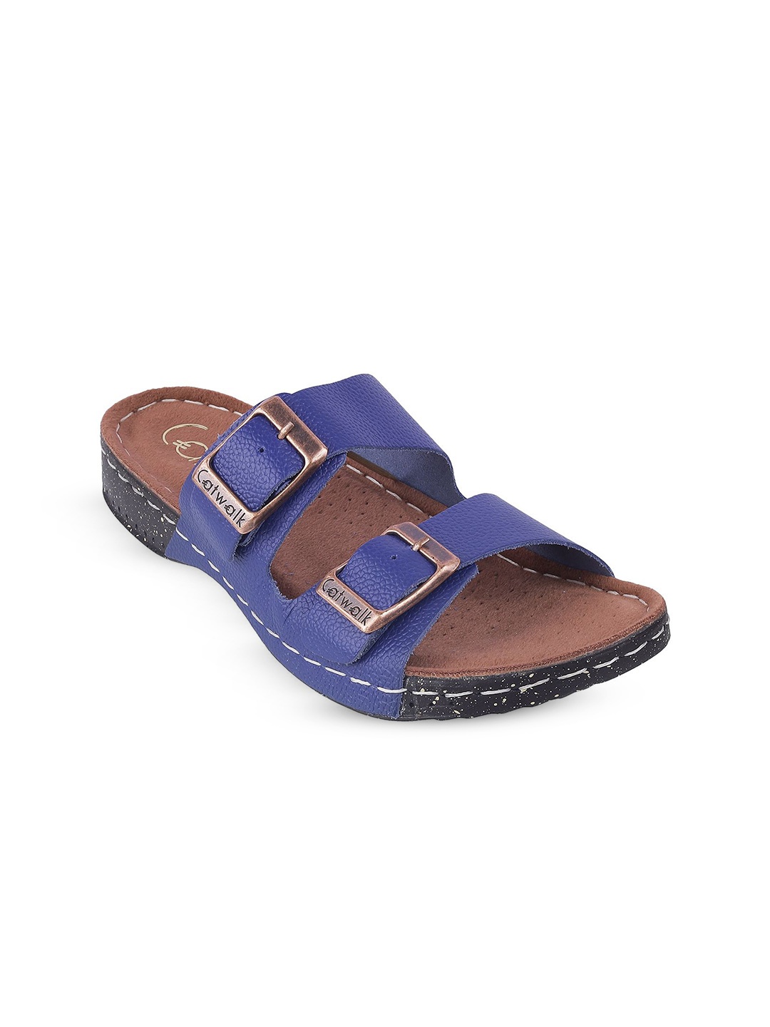 

Catwalk Women Textured Open Toe Flats With Buckles, Blue