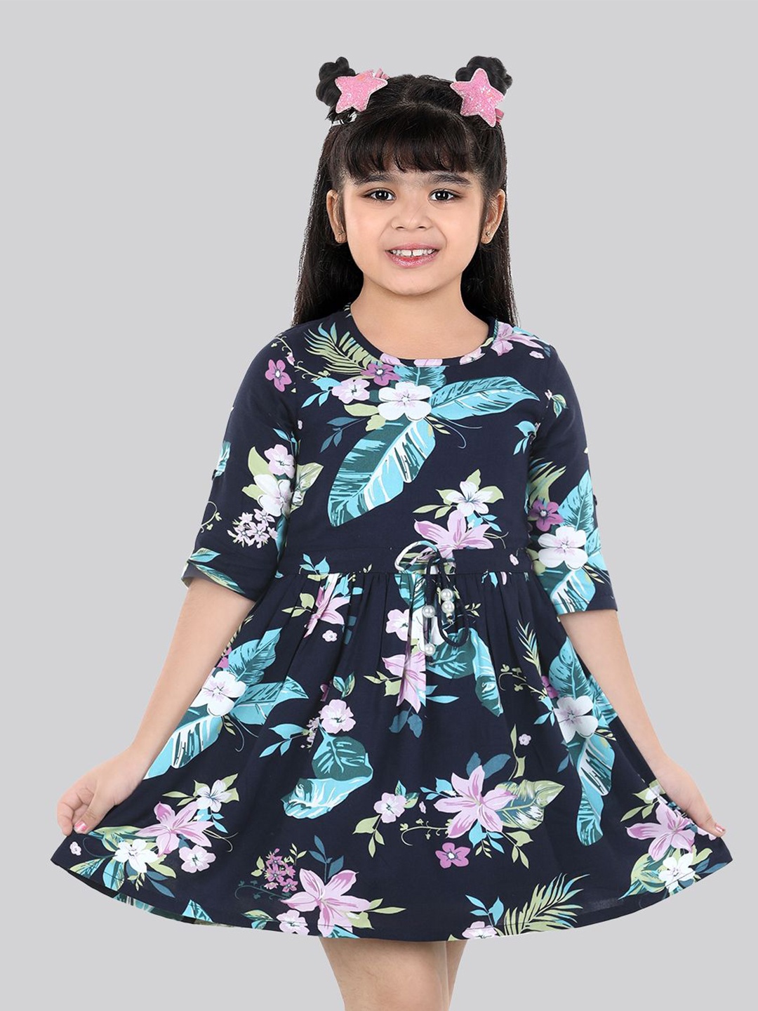 

Naughty Ninos Girls Floral Printed Fit & Flare Dress, Navy blue
