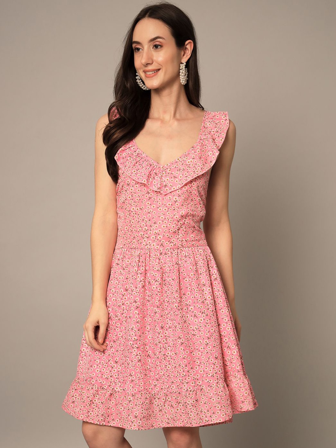 

Yaadleen Women Floral Print V-Neck sleeveless Fit & Flare Above Knee Dress, Pink
