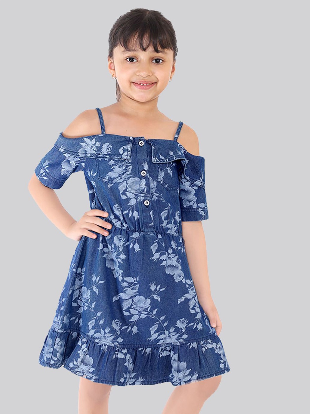 

Naughty Ninos Girls Floral Printed Cold-Shoulder Ruffled Denim Fit & Flare Dress, Blue