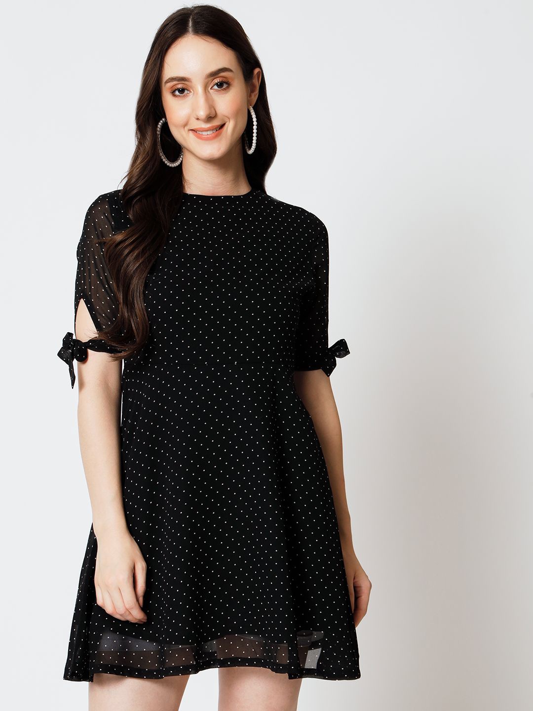 

Yaadleen Women Round Neck Slit Sleeves Fit & Flare Dress, Black
