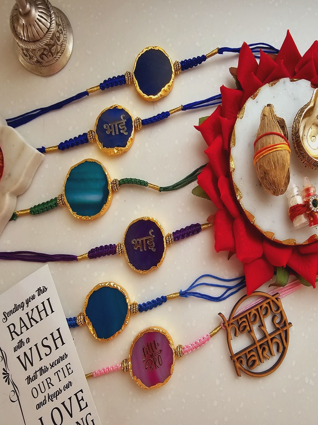 

HOMEARTE Agate Stone Designer Rakhi With Greeting Card & Roli Chawal, Purple