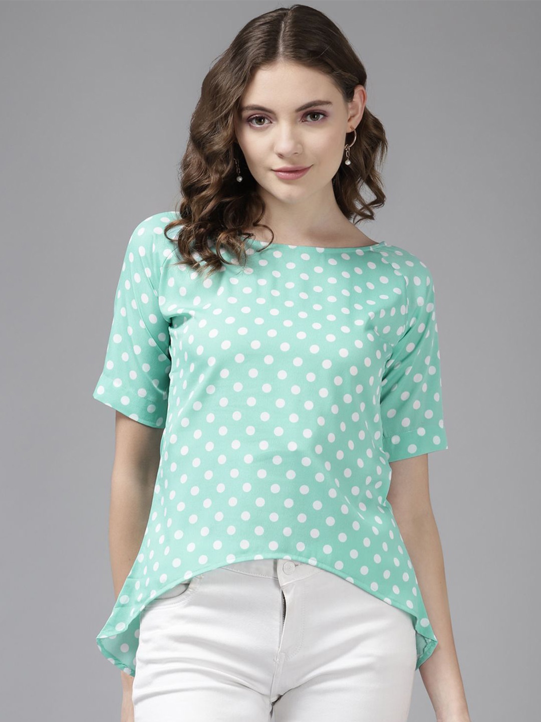 

BAESD Polka Dot Print Georgette Top, Turquoise blue