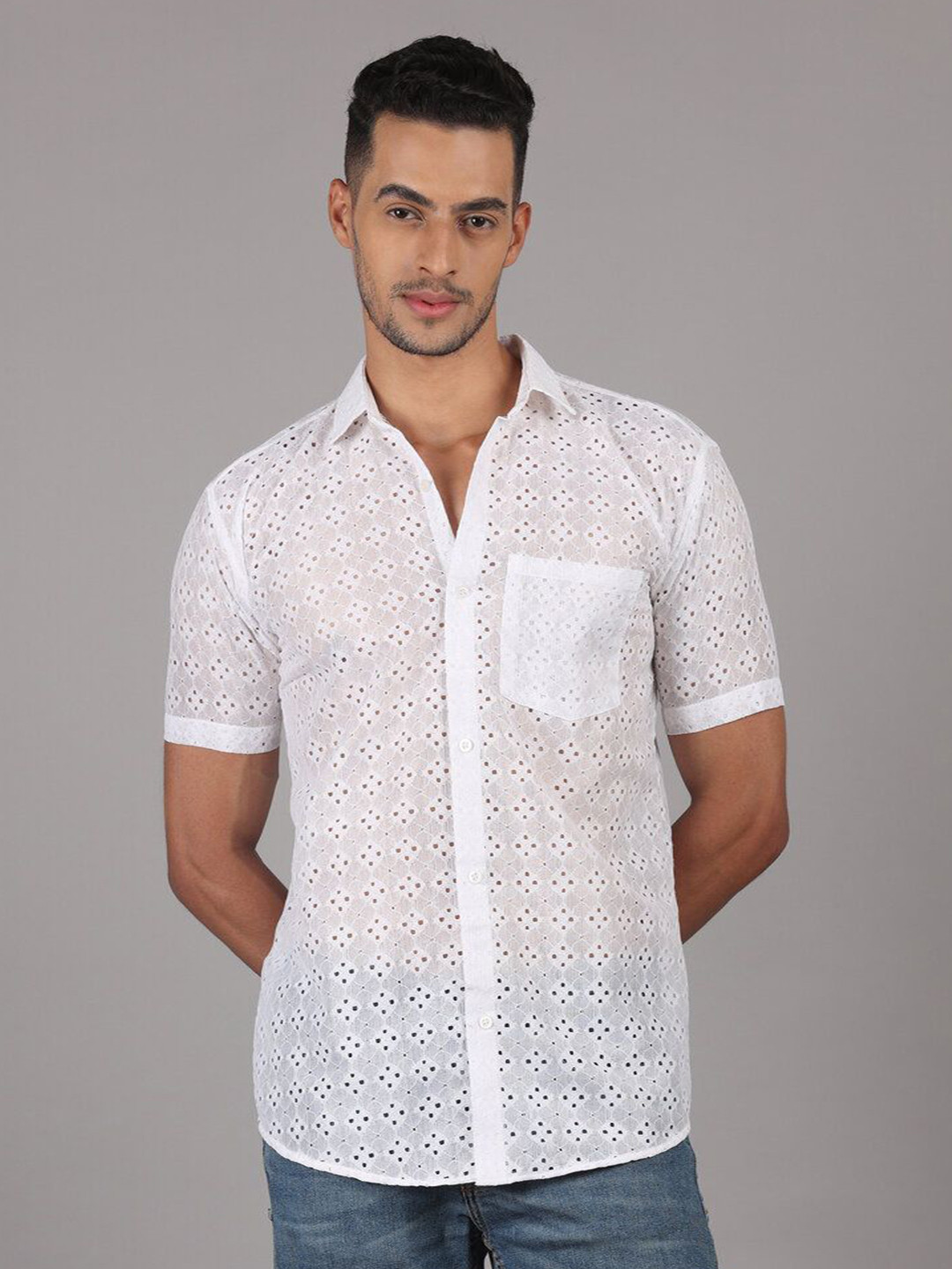 

RIAG Men Classic Sheer Printed Party Shirt, White