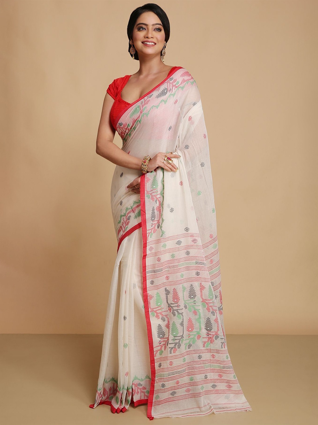 

WoodenTant Jamdani Pure Cotton Ethnic Motifs Traditional Saree, White