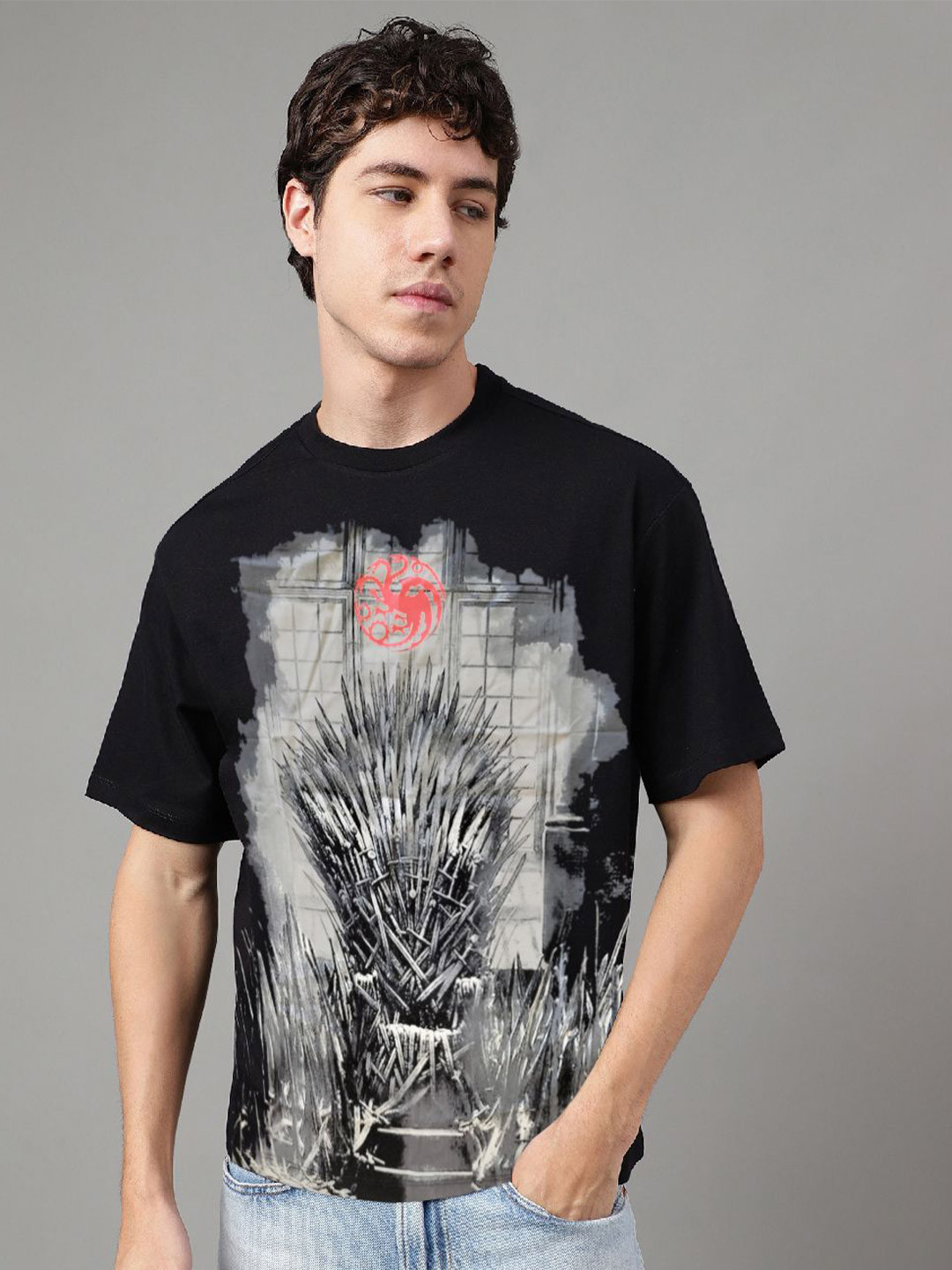 

Free Authority Men Graphic Printed Round Neck Cotton Oversized T-Shirt, Black