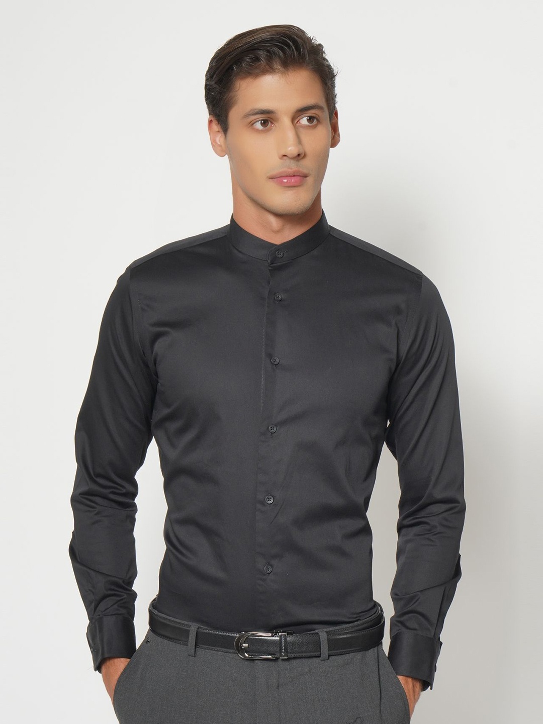 

Blackberrys Men India Slim Band Collar Solid Cotton Slim Fit Formal Shirt, Black