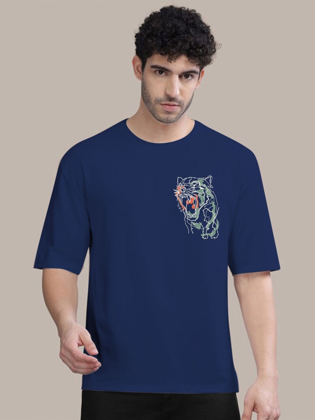 

AUSK Men Graphic Printed Round Neck Cotton Oversized T-shirt, Navy blue