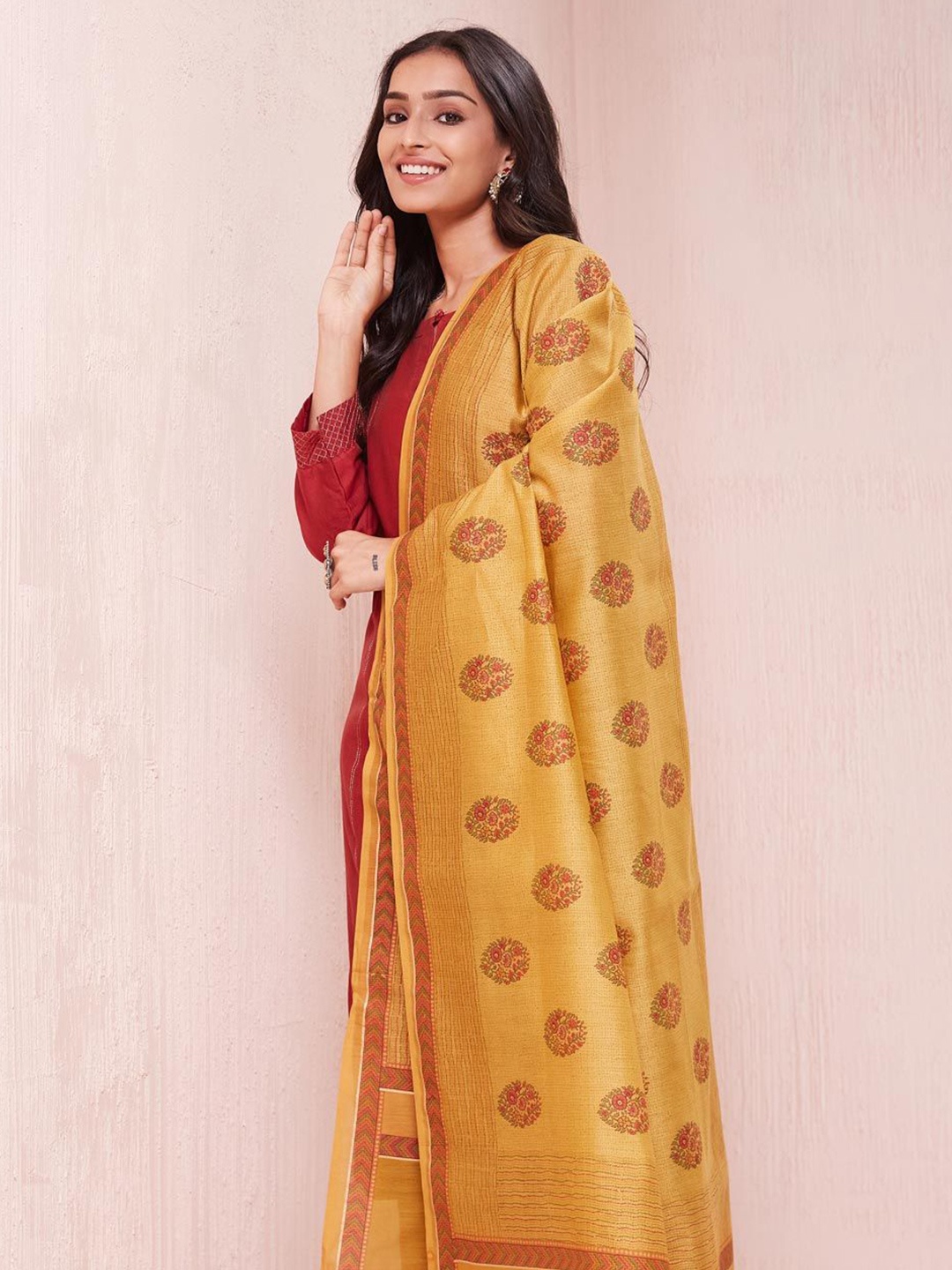 

Fabindia Floral Printed Cotton Silk Dupatta, Mustard