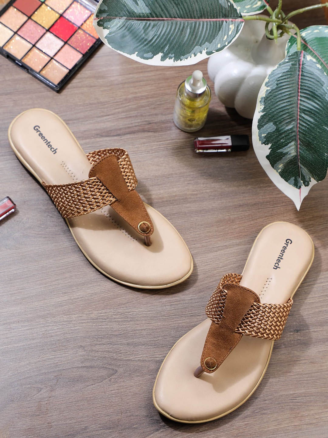 

Greentech Women Textured Open Toe Flats With Laser Cuts, Beige
