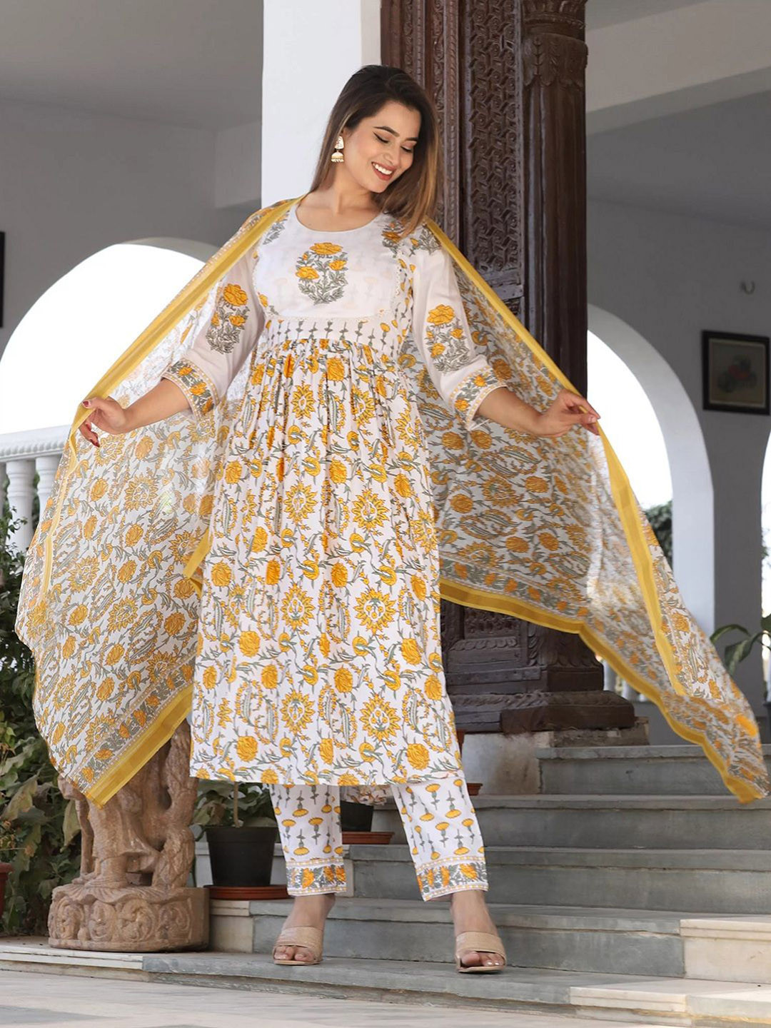 

7Threads Floral Printed Pleated Anarkali Kurta With Trousers & Dupatta, Yellow