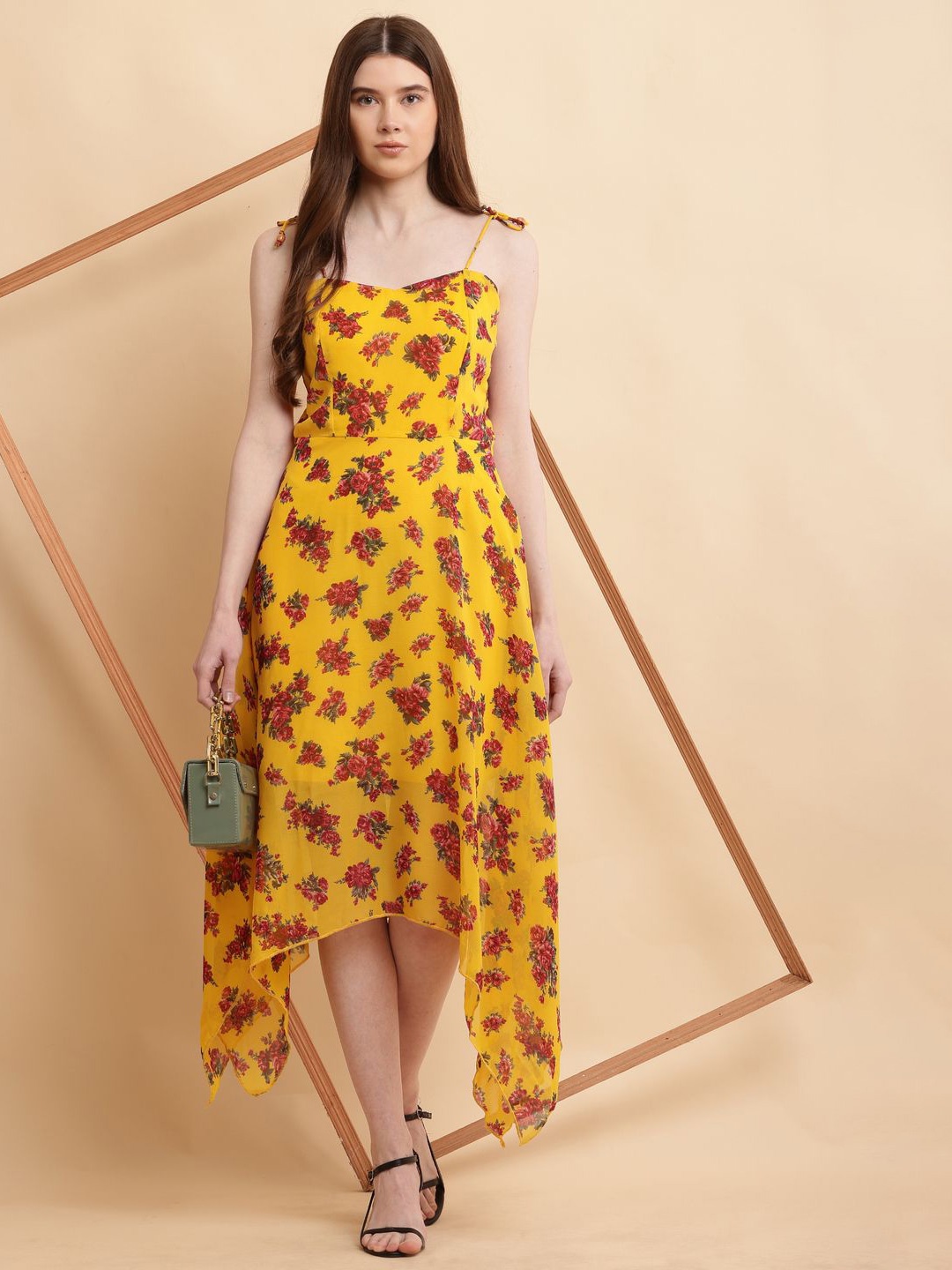 

Absorbing Floral Printed Georgette A-Line Midi Dress, Mustard