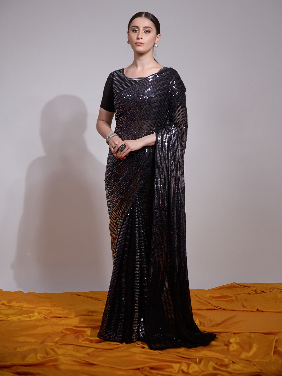 

QVAZOR Embellished Sequinned Pure Georgette Heavy Work Saree, Black