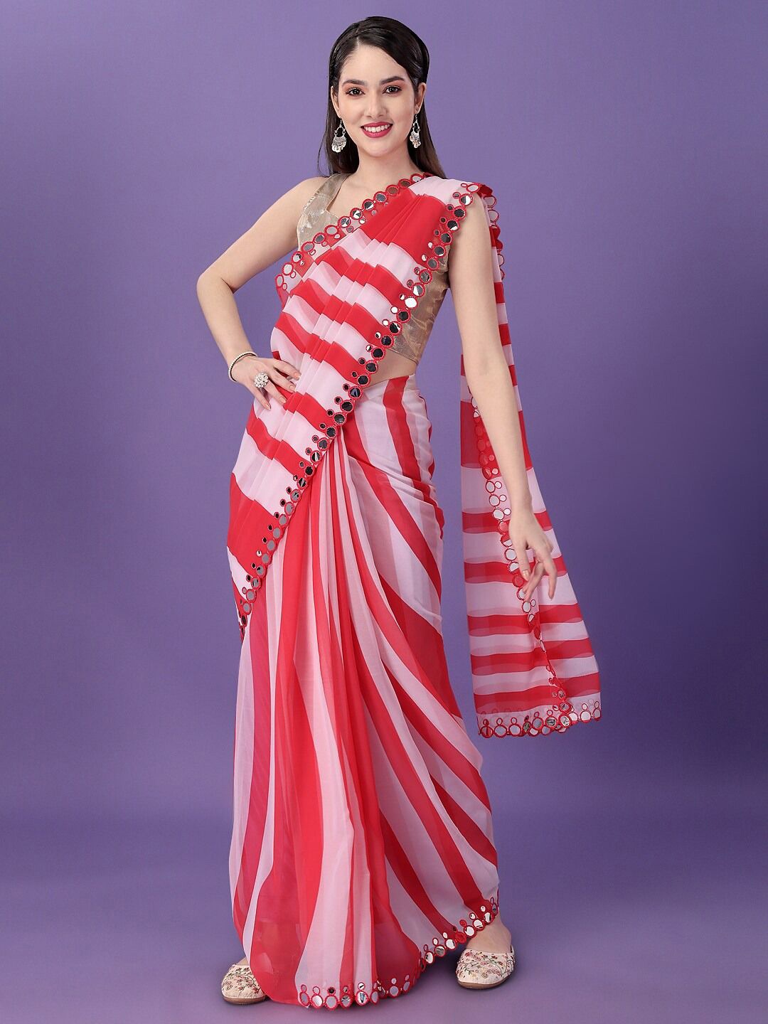 

QVAZOR Striped Mirror Work Pure Georgette Saree, Red