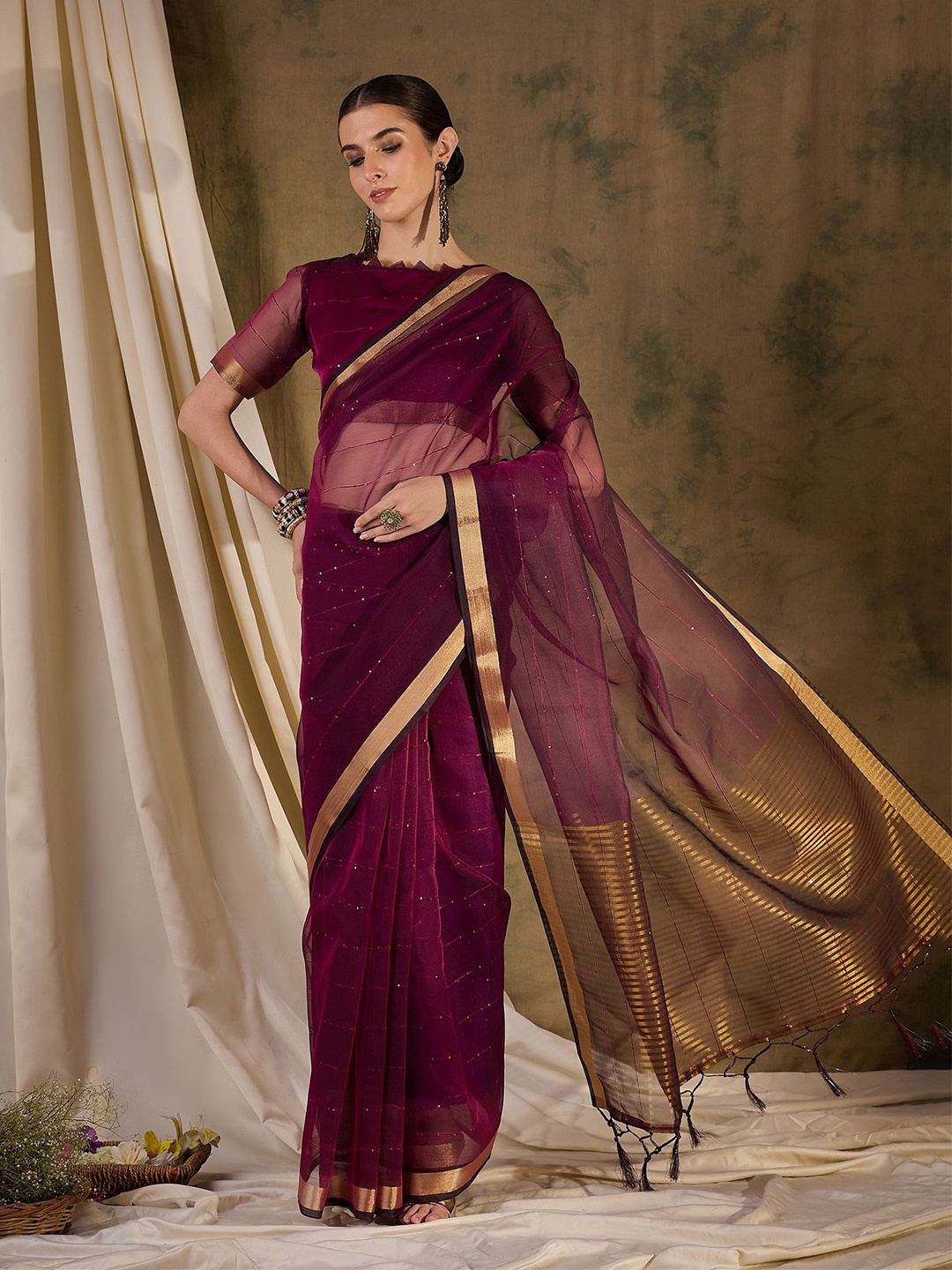 

VIRICA Embellished Sequinned Organza Saree, Maroon