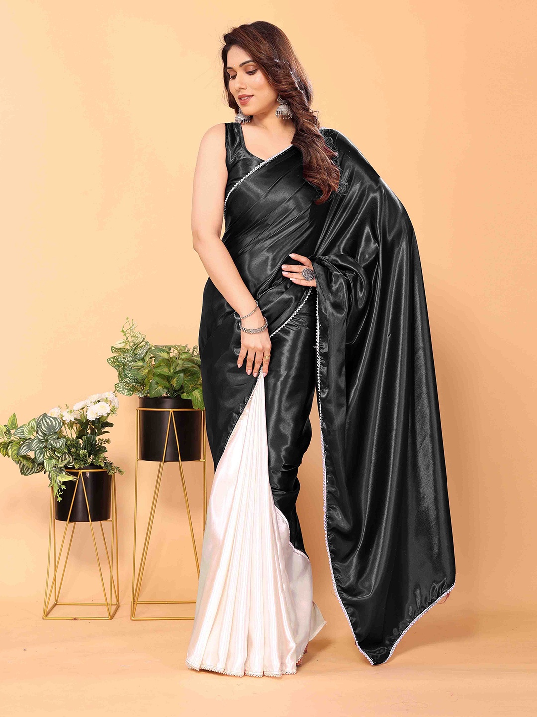 

ANJAVI FASHION Beads and Stones Satin Half and Half Saree, Black