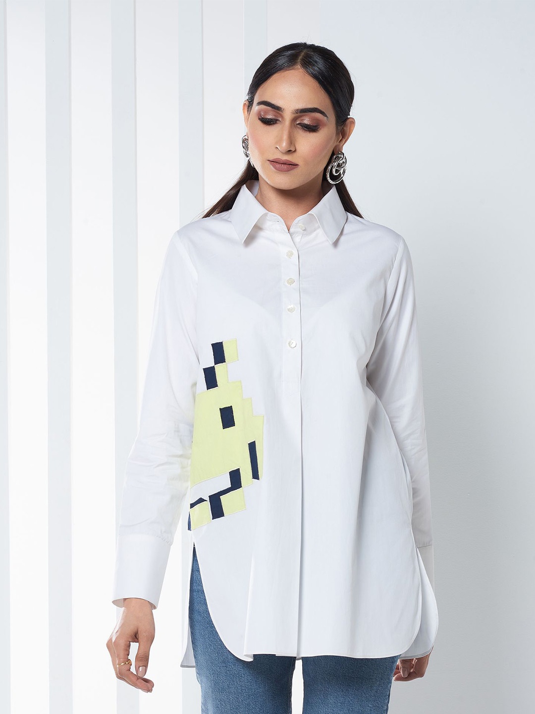 

SEVENDC Striped Mandarin Collar Cotton Top, White